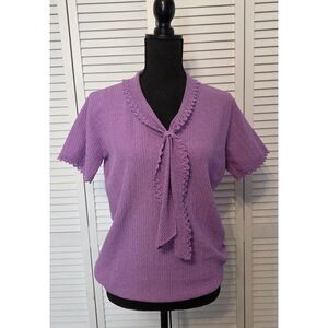 Vintage Keneth Knits Lavender Ribbed Knit Sweater with Crochet Tie Collar